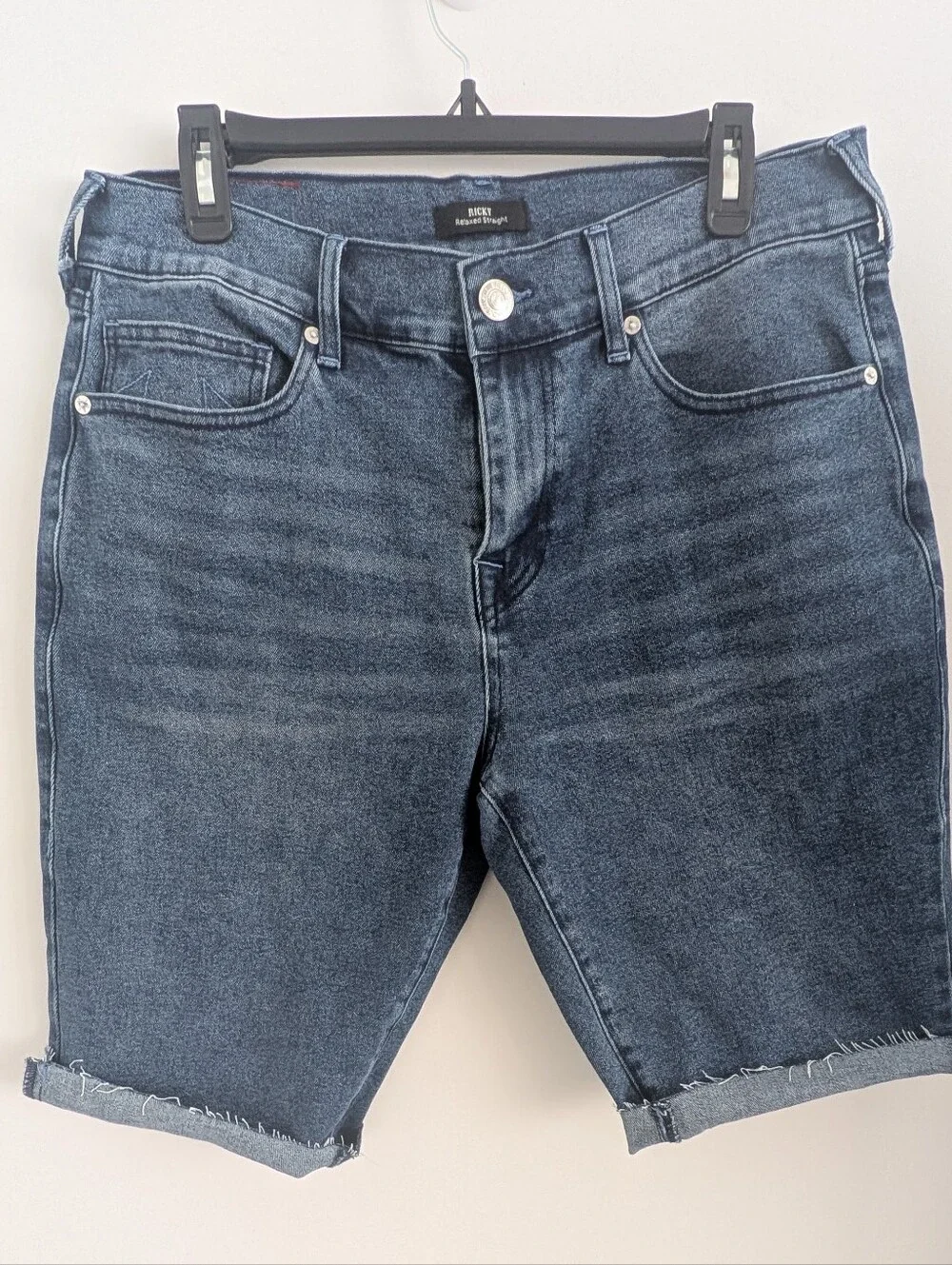 True Religion Ricky Relaxed Straight Denim Shorts Mens 32 Blue Stretch Raw Hem